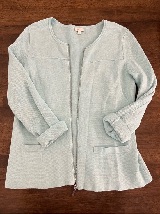 Talbots Sweaters - Talbots Pastel Blue Collarless Zip-Front Blazer Sweater 100% Cotton Small